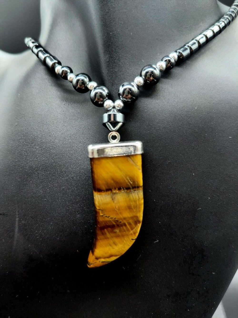 Tigers Eye Stone Fang Pendant Hematite Chain Necklace 16" Adult Choker Youth